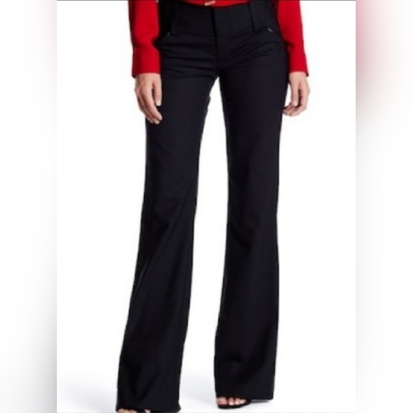 Alice + Olivia Black Wool Olivia Bootcut Flared Pants Low Rise Leather Trim Sz 4 - Picture 1 of 11